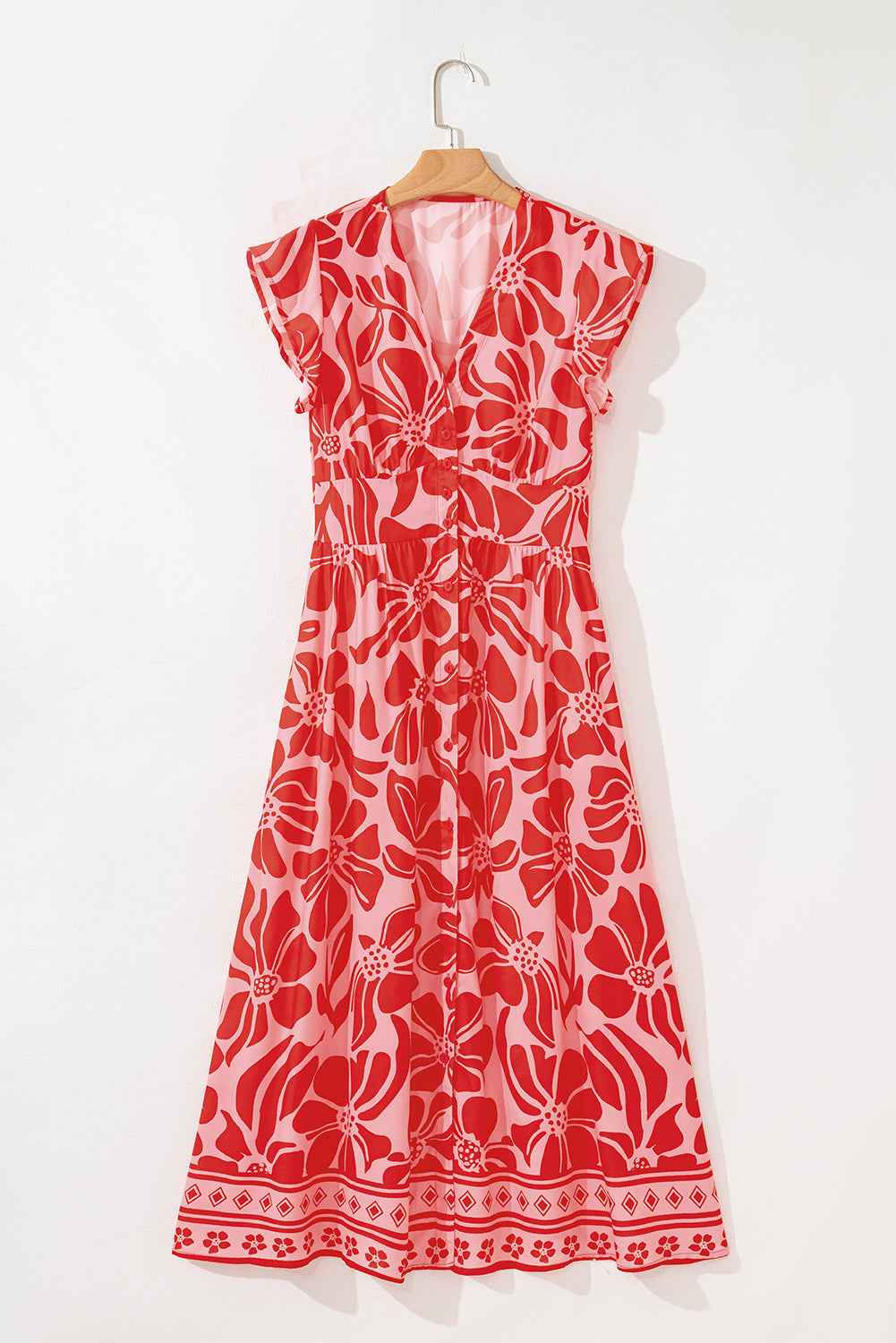 Red Boho Floral Short Sleeve V Neck Buttoned Shirred Waist Long Dress