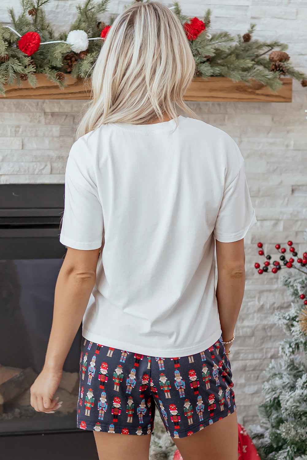 Pink Mama Claus Plaid Letter Tee Nutcracker Shorts 2pcs Lounge Set