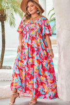 Rose Abstract Printed Puff Sleeve Square Neck Smocked Bust Tied Back Plus Size Dress