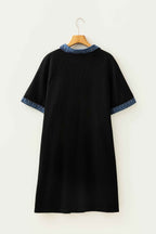 Black Colorblock Denim Collar Short Sleeve Plus Size Shift Dress