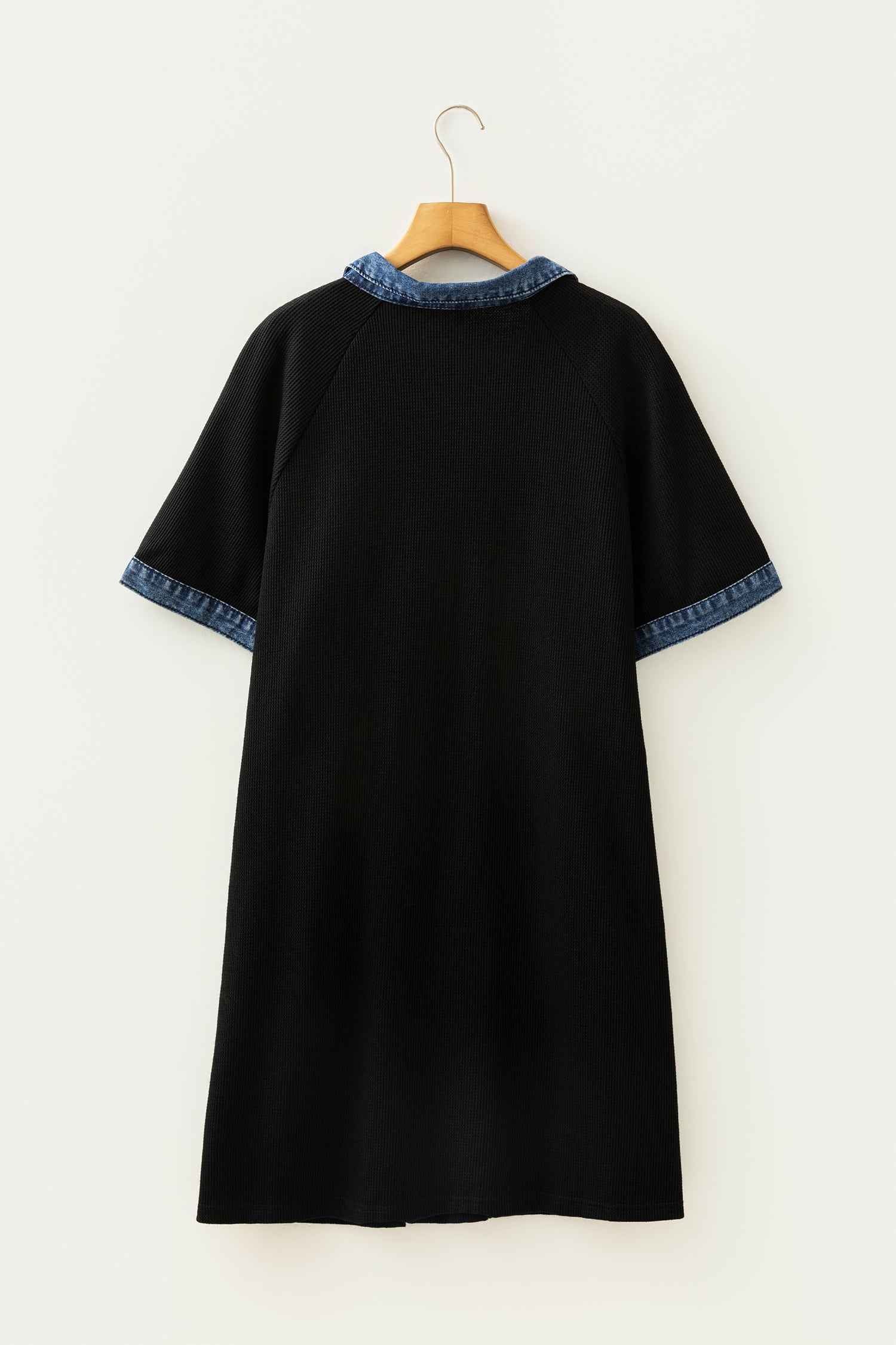 Black Colorblock Denim Collar Short Sleeve Plus Size Shift Dress