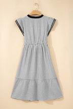 Black Stripe Contrast Trim V Neck Flutter Sleeve Casual Long Dress