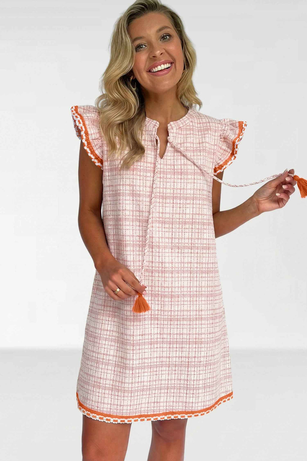 White Jacquard Textured Contrast Trim Short Sleeve Tassel Tie Shift Dress