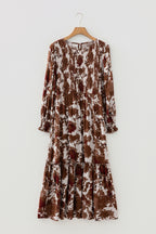 Orange Floral Puff Sleeve Smocked Bodice Ruffled Long Dress