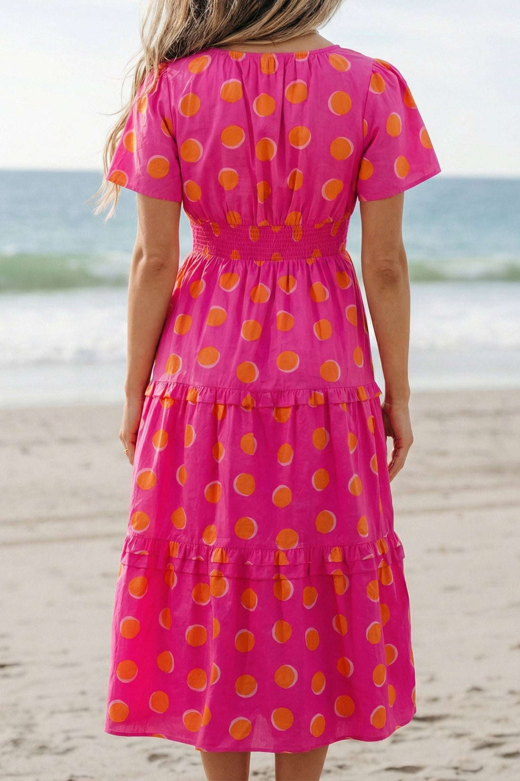 Rose Double Polka Dot Short Sleeve Shirred High Waist Midi Dress