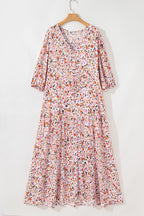 Red Boho Half Sleeve Floral V Neck Maxi Dress