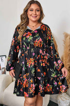 Black Plus Size Floral Print Tie Neck Cinched Waist Long Sleeve Mini Dress