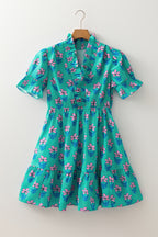 Green Floral Print Frilly Smocked Detail High Waist Mini Dress