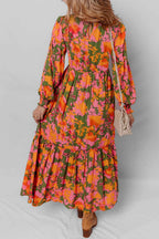 Orange Floral Puff Sleeve Smocked Bodice Ruffled Long Dress