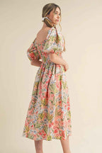 Apricot Pink Floral Smocked Bust Bubble Short Sleeve Maxi Dress