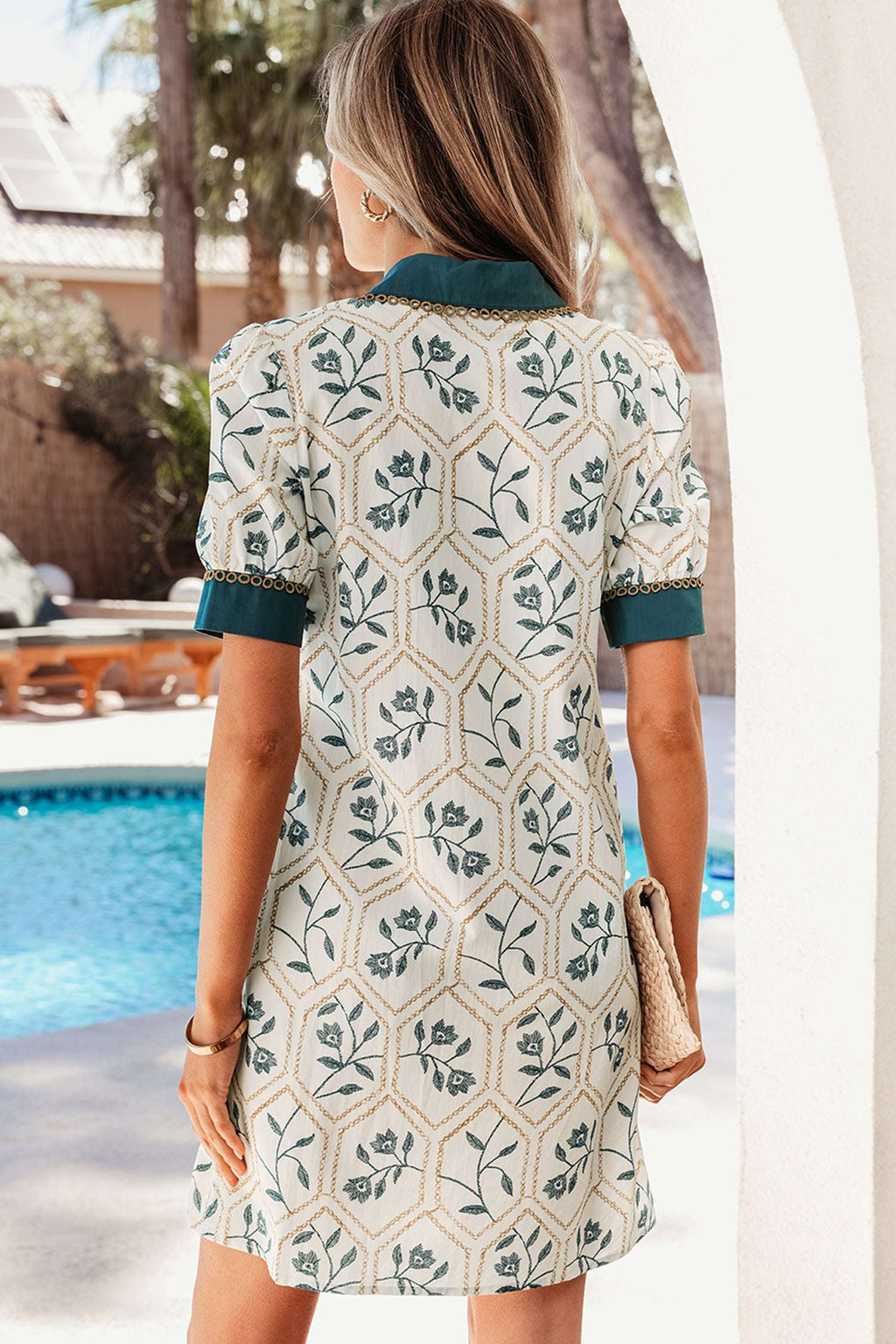 Blue Geometric Floral Print Lace Trim Collared Short Sleeve Mini Dress