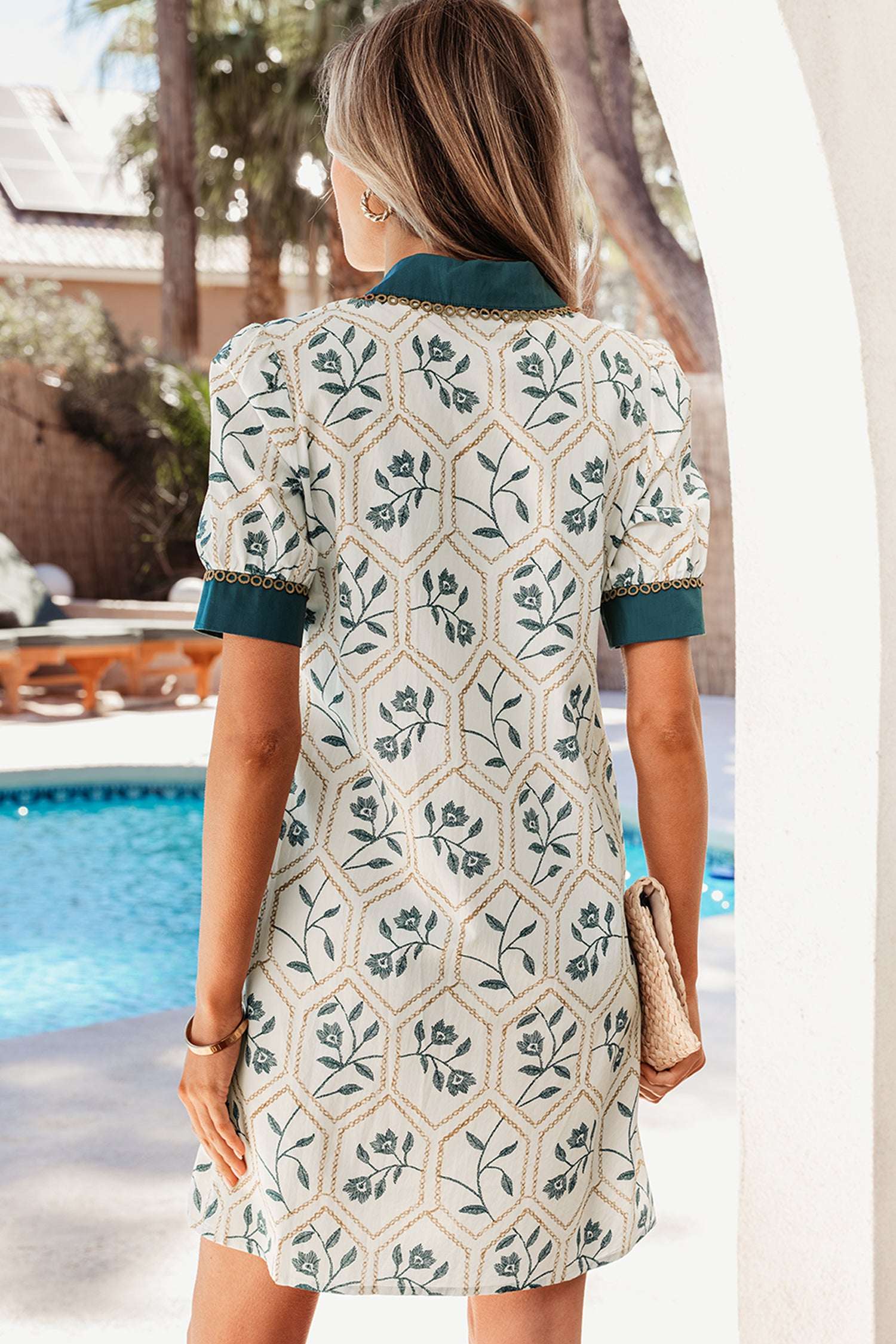 Blue Geometric Floral Print Lace Trim Collared Short Sleeve Mini Dress