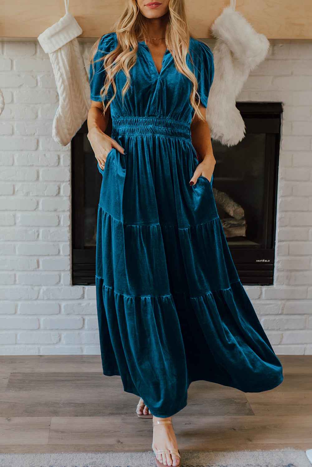 Chestnut Velvet Short Sleeve Shirred Waist Tiered Maxi Dress