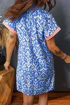 Blue Western Fashion Print Striped Color Block Patchwork Shift Mini Dress