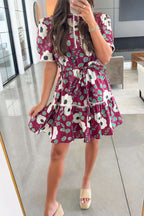 Red Floral Print Trimmed Short Puff Sleeve Mini Dress with Belt