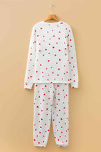 Fiery Red Tiny Hearts Printed Long Sleeve Top Drawstring Lounge Pant Set