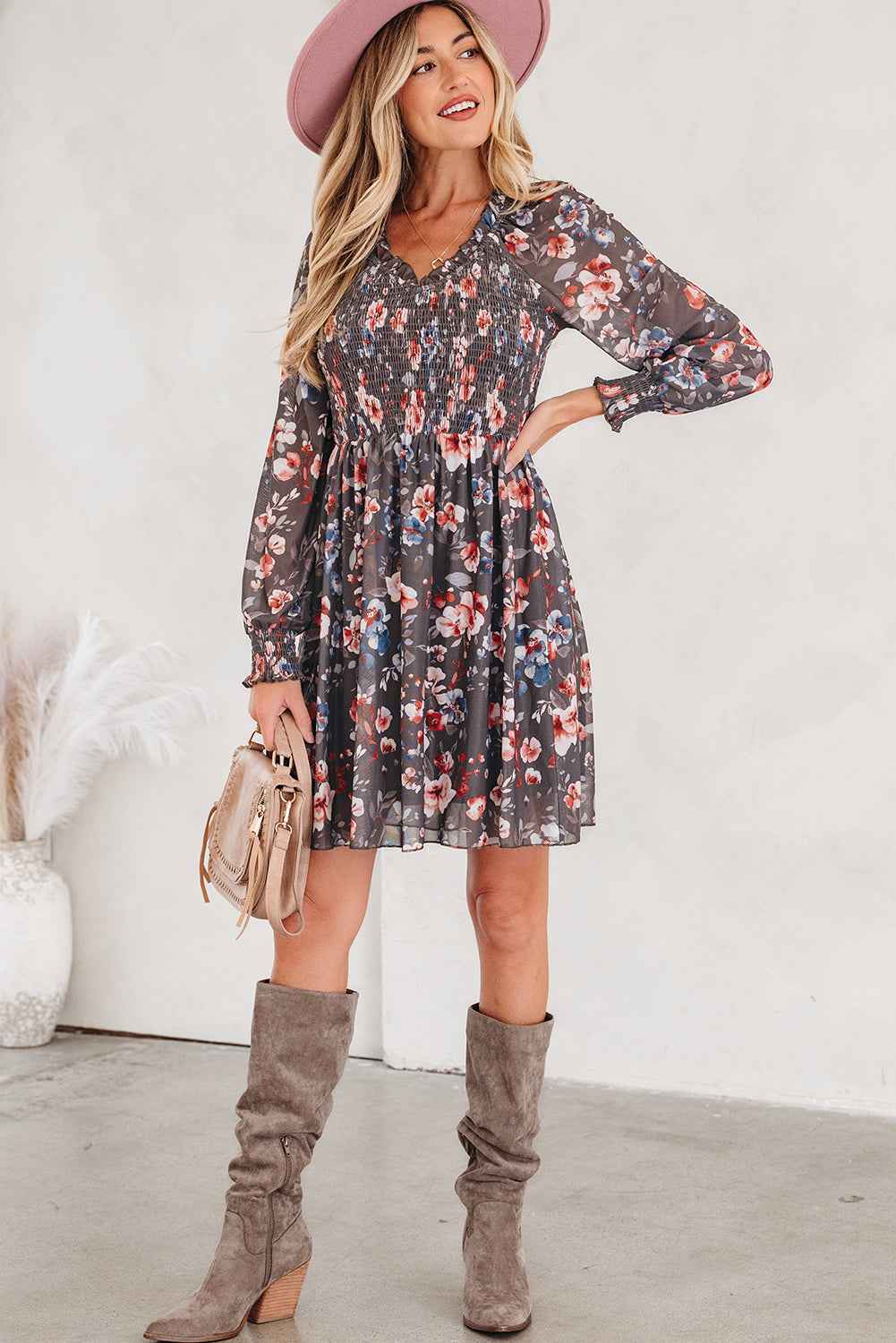 Brown Frilly Smocked Bodice Floral Mesh Long Sleeve Mini Dress