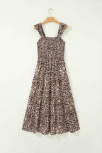 Brown Ruffled Straps Smocked Tiered Leopard Maxi Dress
