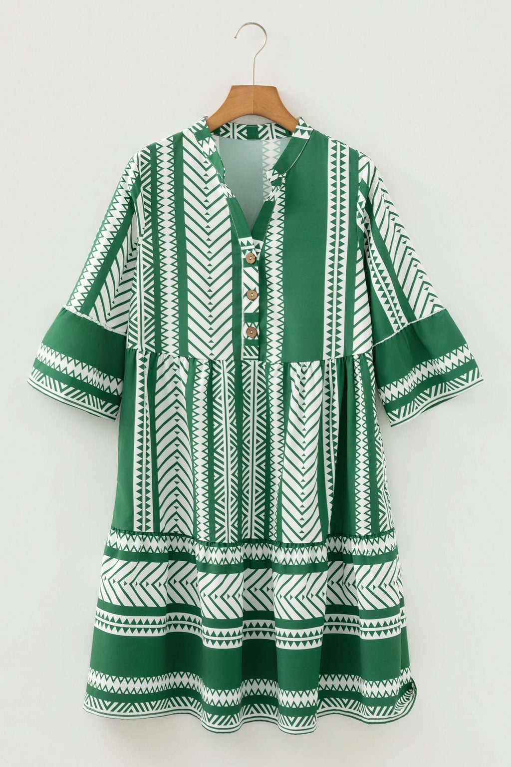 Green Boho Ethnic Print Half Button 3/4 Sleeve Casual Dress