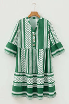 Green Boho Ethnic Print Half Button 3/4 Sleeve Casual Dress