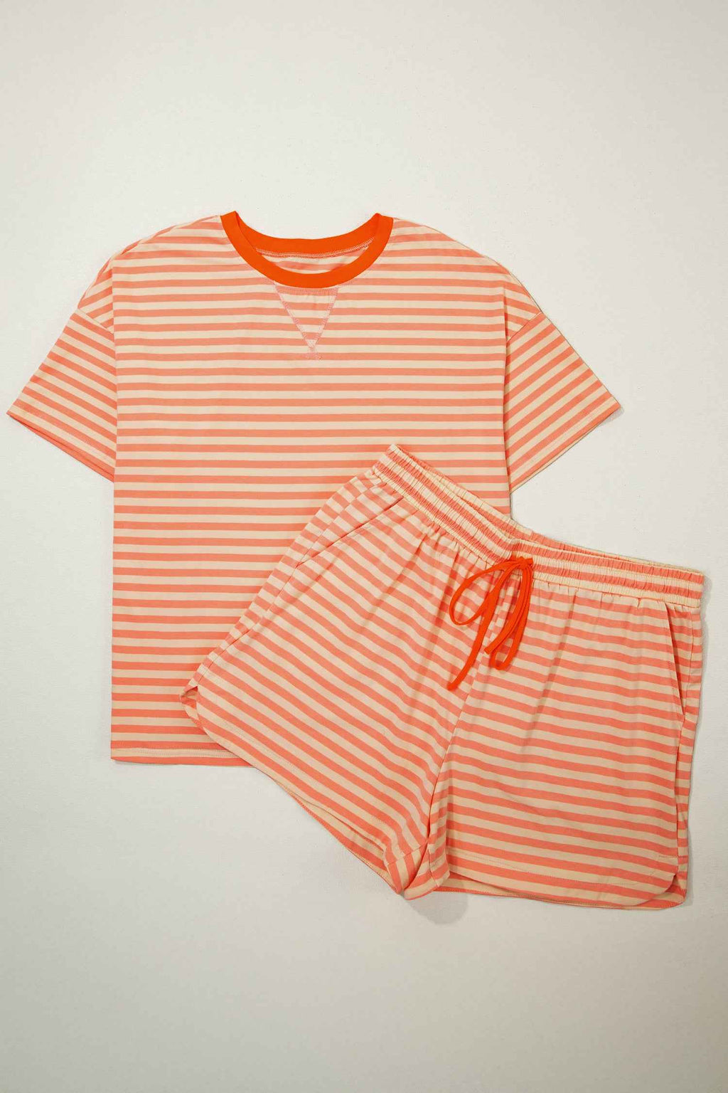 Pink Stripe Drop Shoulder T Shirt and Shorts Plus Size Summer Set