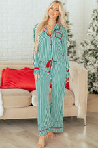 Red Stripe Contrast Velvet Trim Bow Knot Waist 2pcs Pajama Set