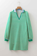 Green Striped Contrast Collar Split Neck Long Sleeve Mini Dress