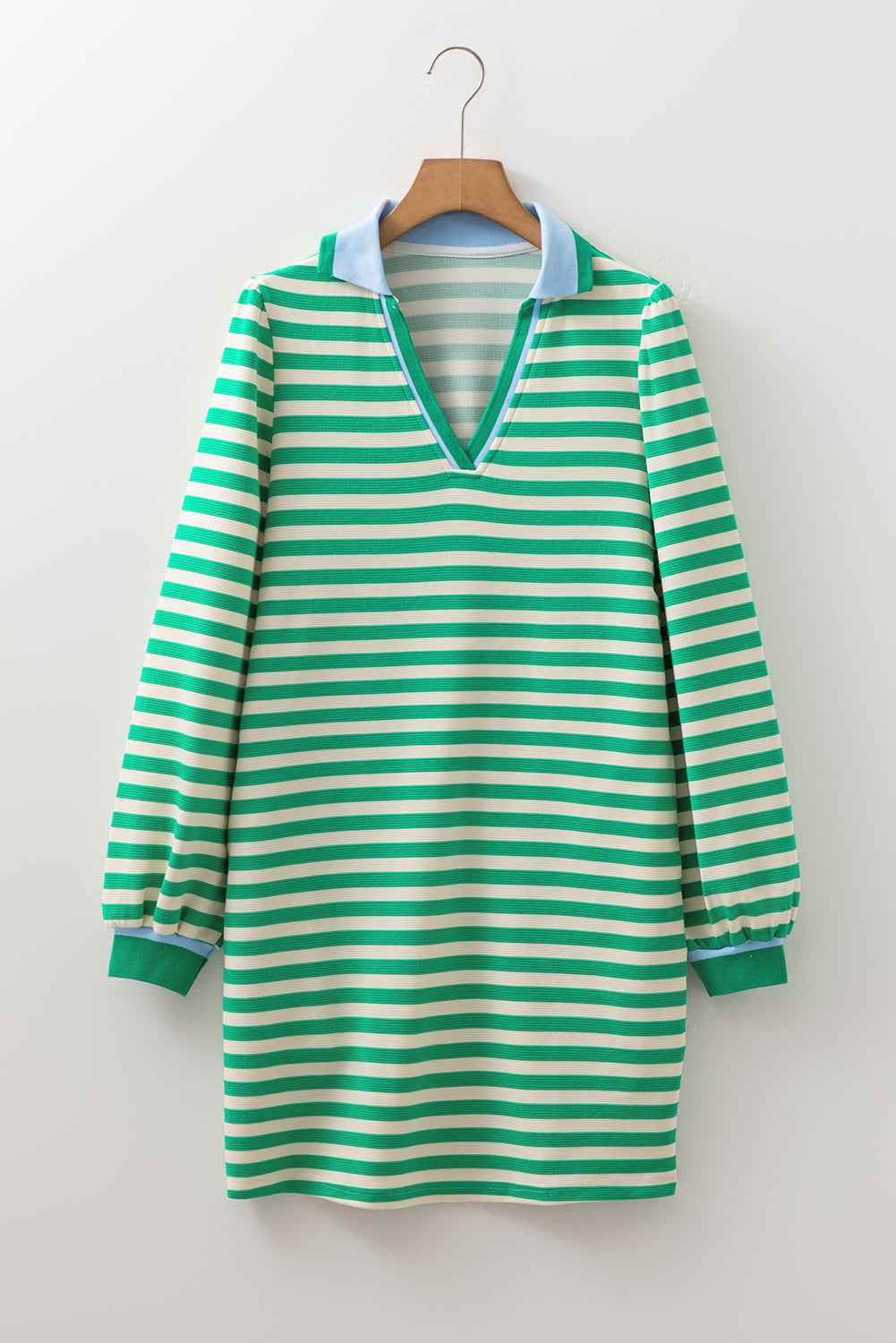 Green Striped Contrast Collar Split Neck Long Sleeve Mini Dress