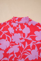 Red Floral Three Quarter Sleeves Ruffle Hem Mini Dress