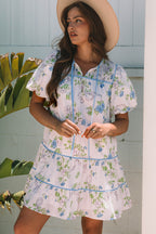 Pink Floral Striped Print Contrast Trim Tie Split Neck Mini Dress