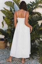 Beige Stripe Spaghetti Strap Pocketed High Waist Maxi Dress