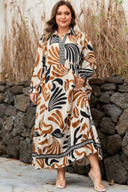 White Plus Size Abstract Print Contrast Collar Split Neck Shift Long Dress