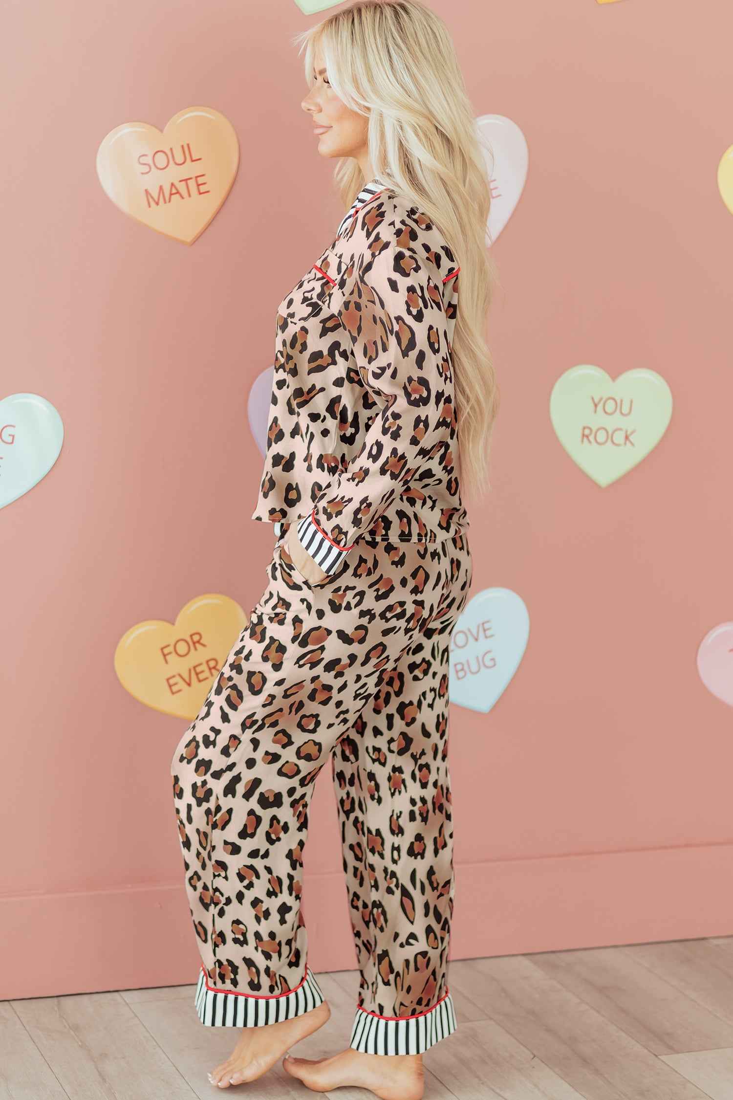 Dearlove Khaki Leopard Print Colorblock Striped Edge Shirt and Pants Pajama Set