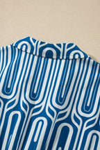 Blue Geometric Print Short Sleeve Drawstring Shirt Collar Dress