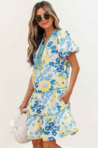 Blue Floral Striped Trim Puff Short Sleeve Dress