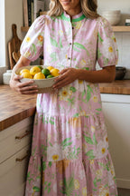 Pink Floral Print Short Puff Sleeve High Waist Tiered Maxi Dress