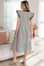 Black Stripe Double Ruffled Short Sleeve Contrast Trim V Neck Midi Dress