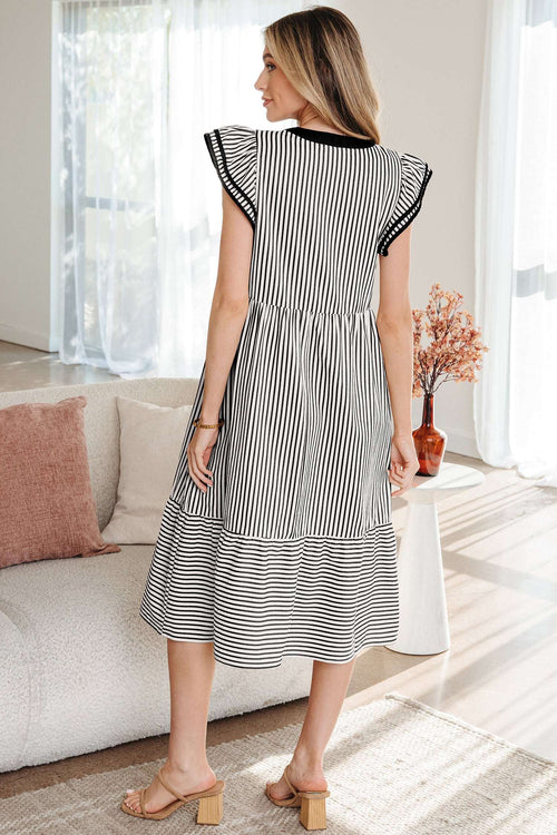Black Stripe Double Ruffled Short Sleeve Contrast Trim V Neck Midi Dress