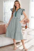 Black Stripe Double Ruffled Short Sleeve Contrast Trim V Neck Midi Dress