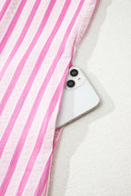 Pink Stripe V Neck Short Sleeve Shift Long Dress