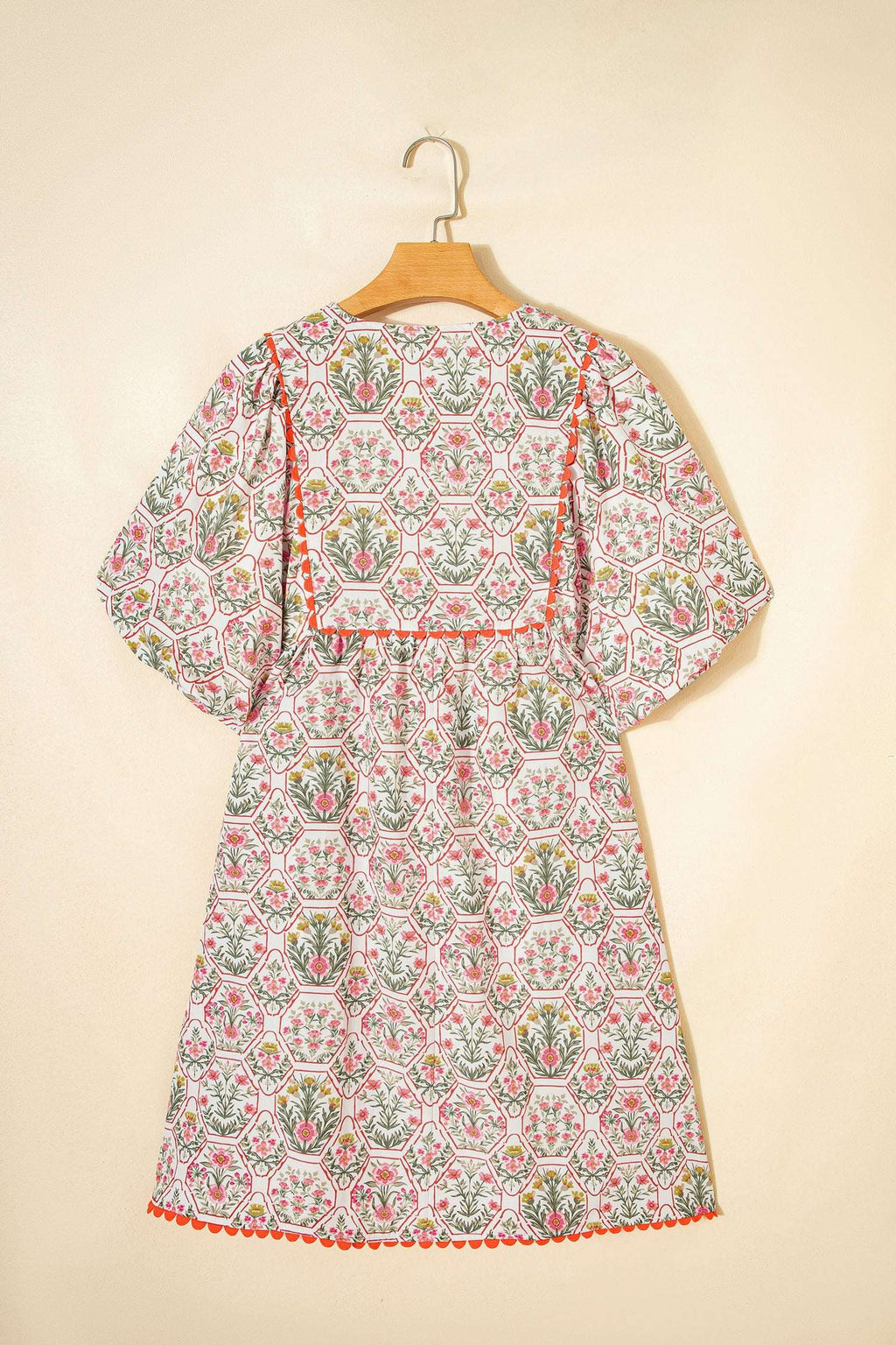 Pink Floral Print Tassel Tie V Neck Scalloped Detail Loose Mini Dress
