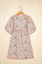 Pink Floral Print Tassel Tie V Neck Scalloped Detail Loose Mini Dress