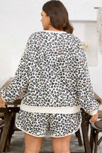 Khaki Plus Size Leopard Loose Pullover Casual Shorts 2pcs Outfit