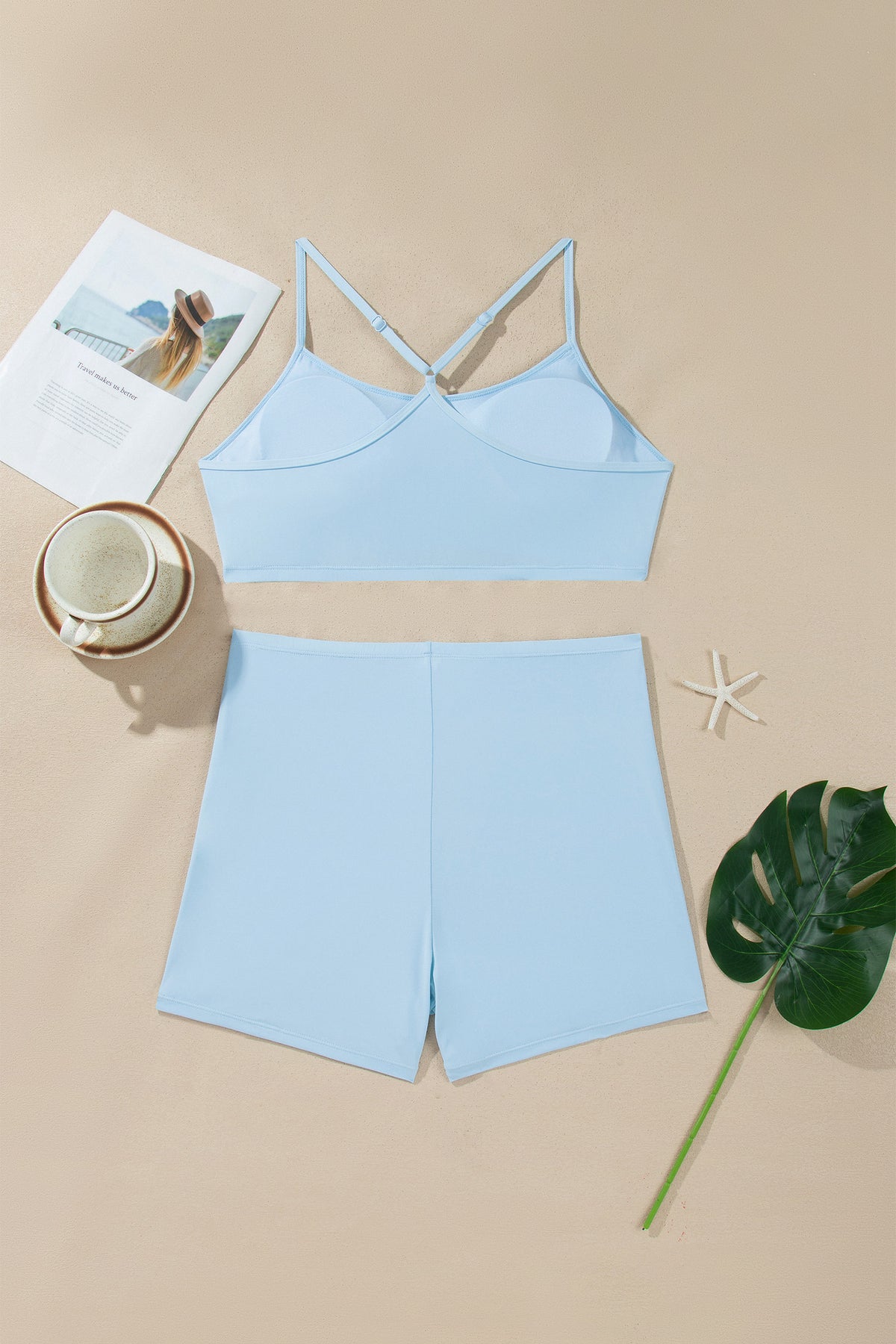 Sky Blue Gingham Plaid Double Layered Cami Mini Dress 3pcs Set