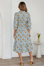 Sky Blue Floral Printed Frilled V Neck Bracelet Sleeve Long Dress