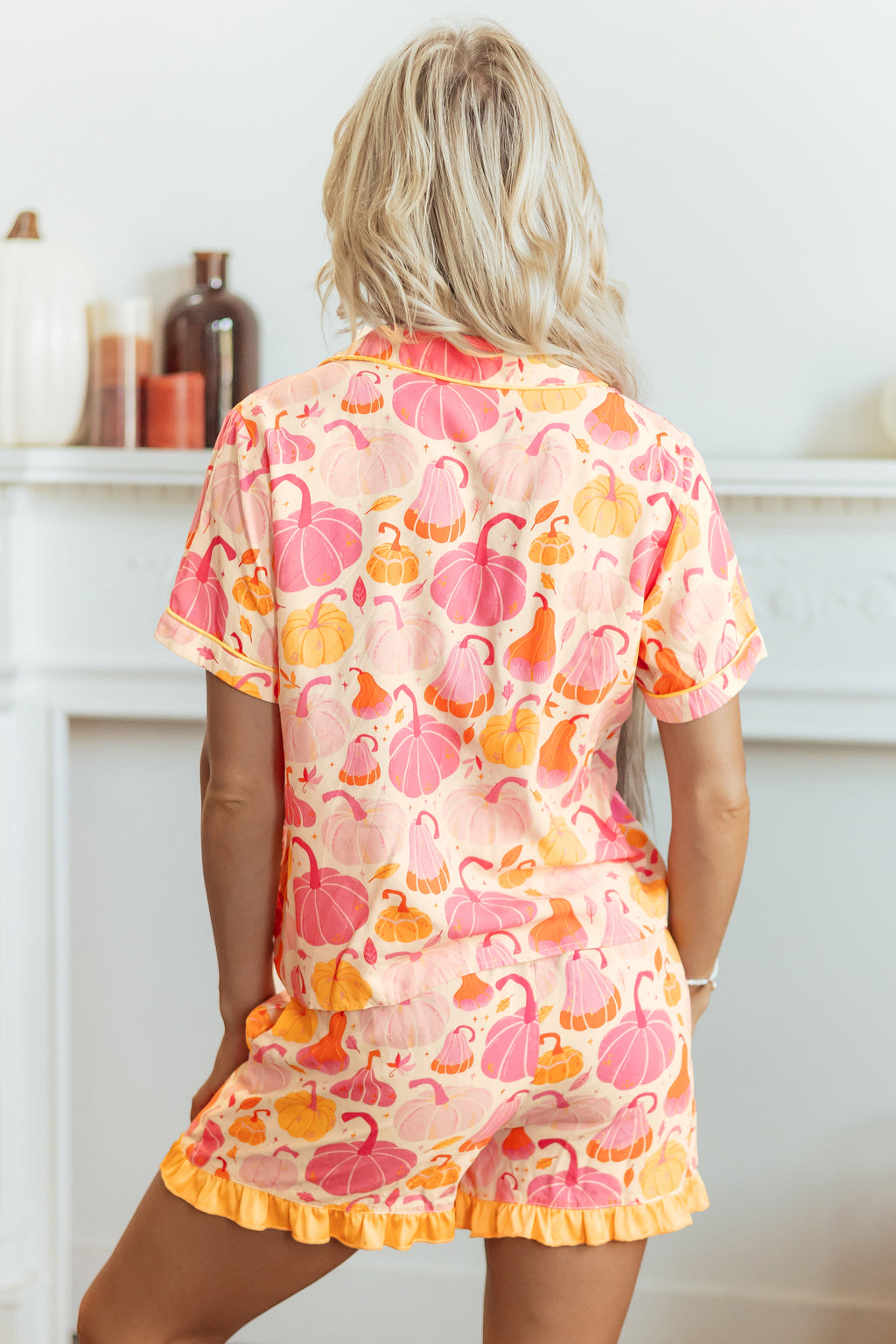 Pink Short Sleeve Pumpkin Print Pocket Placket Shell Button Lounge Set - MuseLover