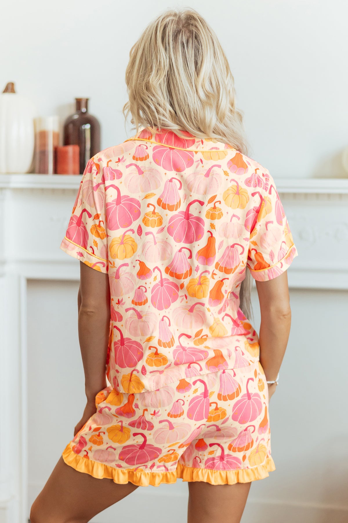 Pink Short Sleeve Pumpkin Print Pocket Placket Shell Button Lounge Set - MuseLover