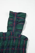 Green Plaid Ruffle Sleeveless Shirred Bodice Tiered Midi Dress