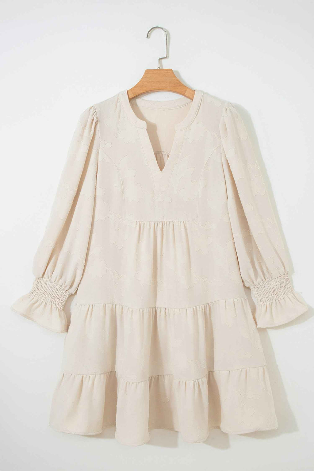 Parchment Long Sleeve Notched Neck Jacquard Tiered Mini Dress