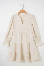 Parchment Long Sleeve Notched Neck Jacquard Tiered Mini Dress